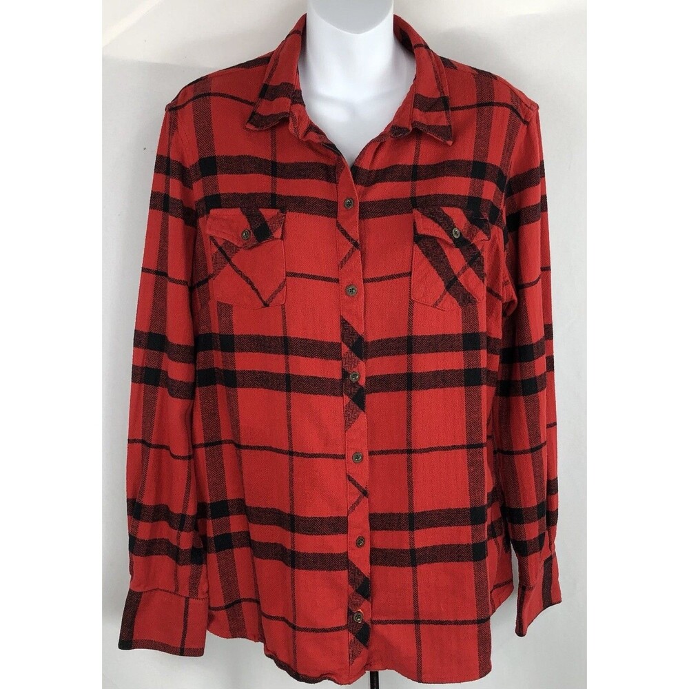 Field & stream flannel shirt XL red black plaid pocket long sleeve Terry cotton